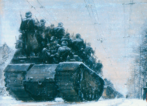 «На защиту Москвы. Ленинградское шоссе», 1942. Художник: Георгий Нисский. Астраханская государственная картинная галерея имени П.М. Догадина