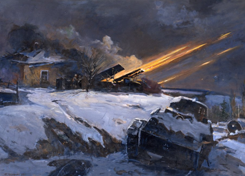 «Ответ гвардейцев миномётчиков», 1992. Художник: Фёдор Усыпенко. Студия военных художников имени М.Б. Грекова, Москва